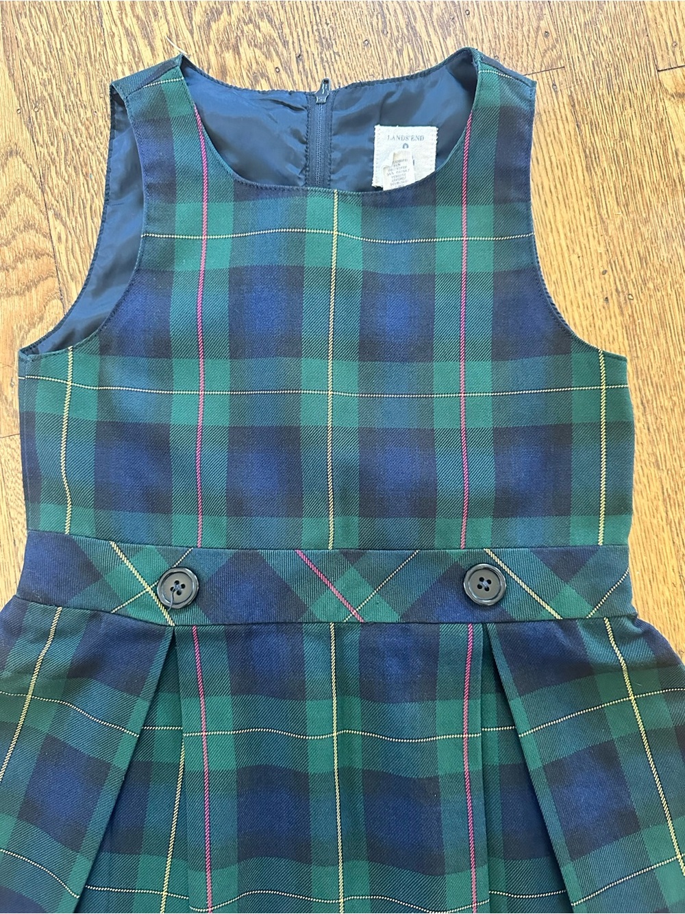Girls Green and Navy Plaid Pleated Jumper Dress - Picture 2 of 5